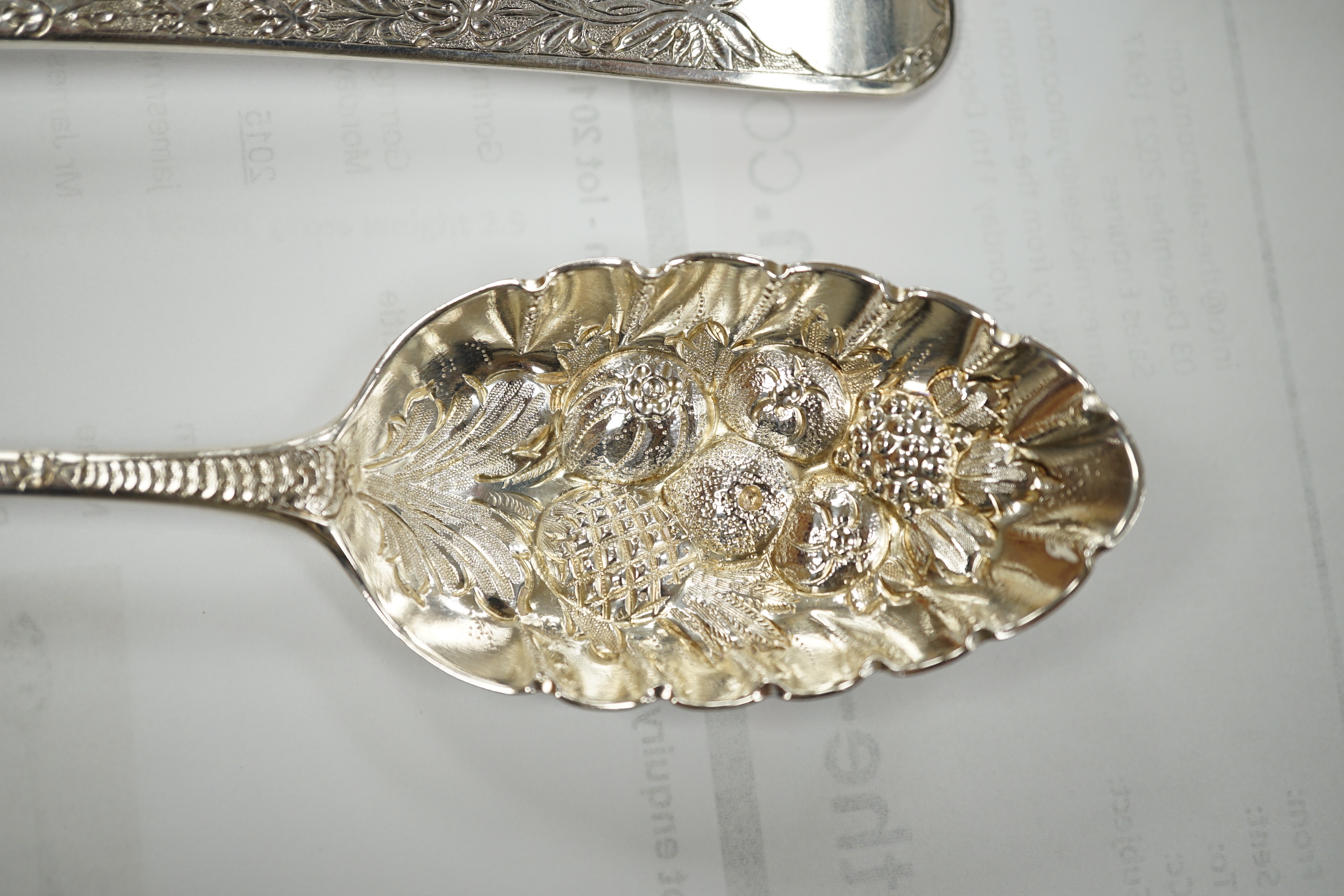 A pair of George III silver Old English pattern 'berry' spoons by Hester Bateman, London, 1784, 21.7cm, 3.6oz.